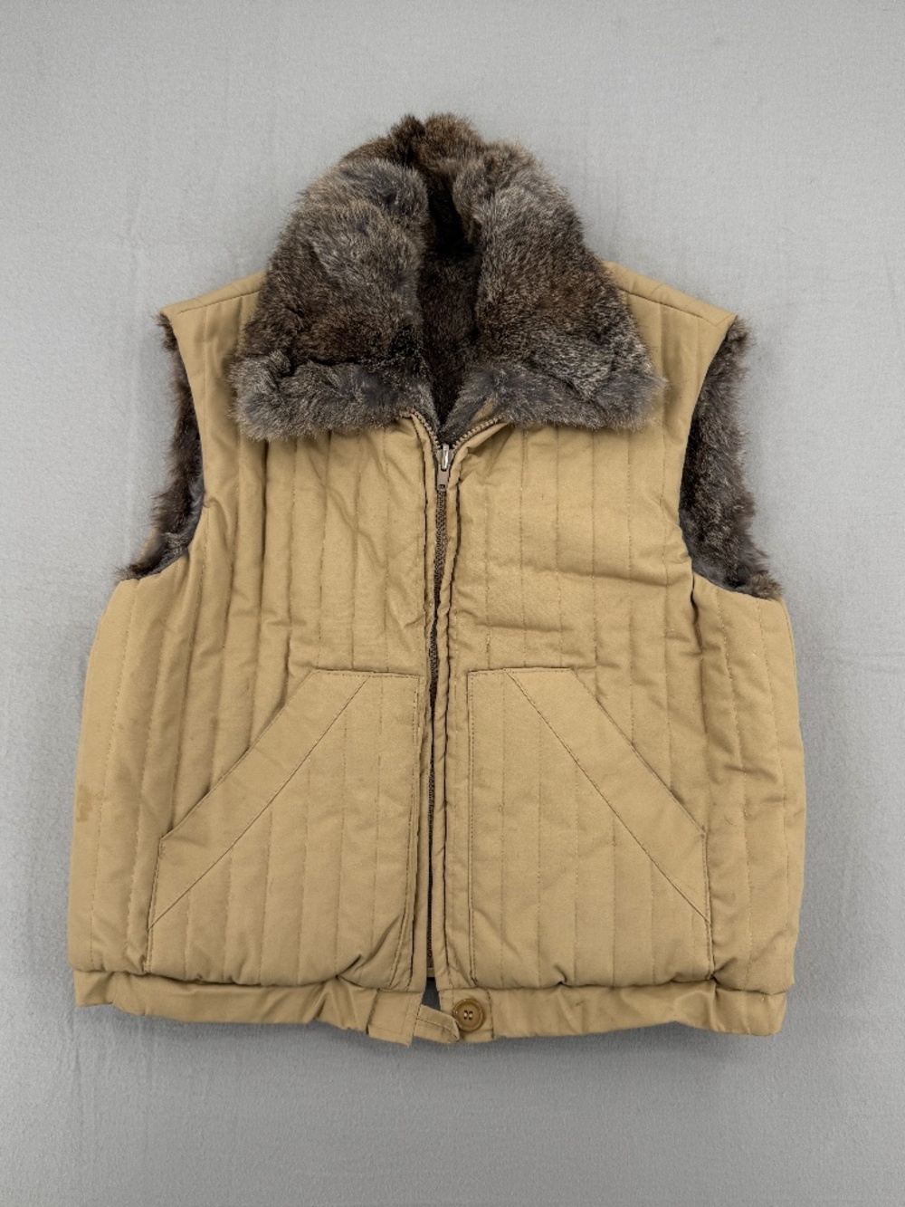 VTG  Rabbit Fur Vest Reversible Tan Puffer Quilted 70s Boho Penny Lane Women M